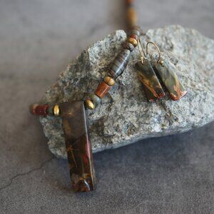 Red Creek Jasper Necklace and Earrings Set Gold Plated